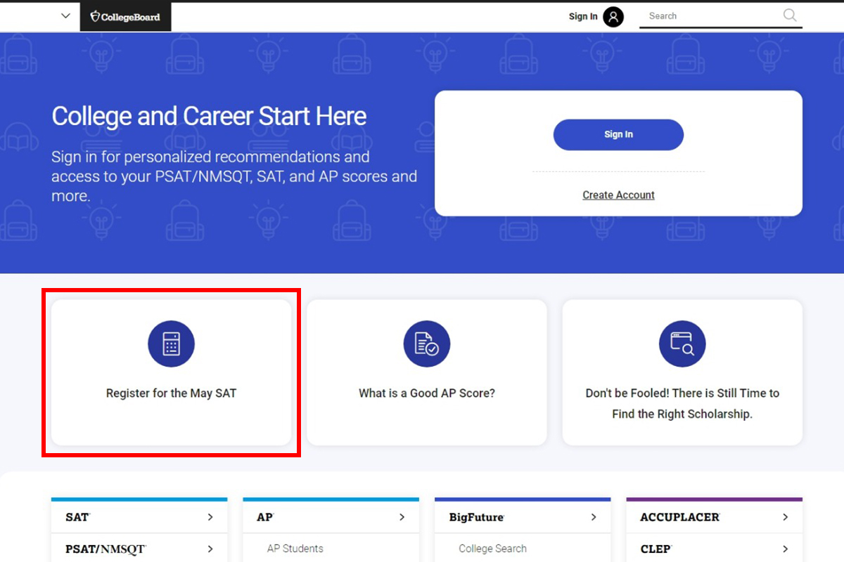 SAT報名步驟1：前往 The College Board 官方網站，選擇Register for the SAT。