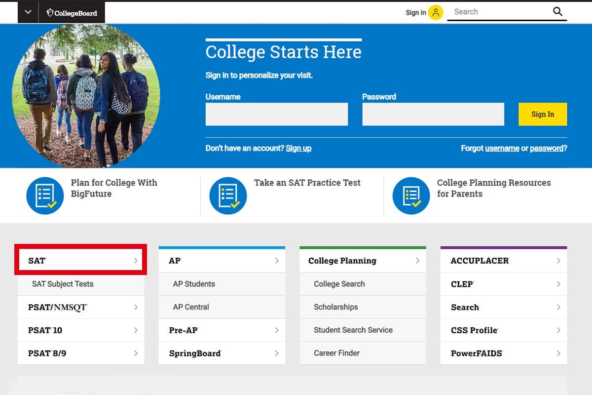 SAT報名步驟1：前往The College Board官方網站，選擇SAT測驗頁面。