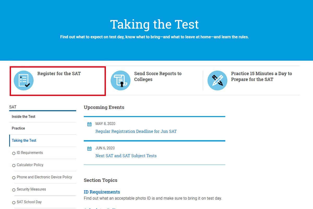 SAT報名步驟4：選擇「Register for the SAT」直接註冊考試。