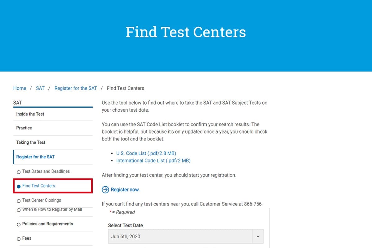 SAT報名步驟5：也可以點選Register for the SAT的子選單：「Test Dates and Deadlines」、「Find Test Centers」查看考試日期及考場地點，確認後再進行報名。